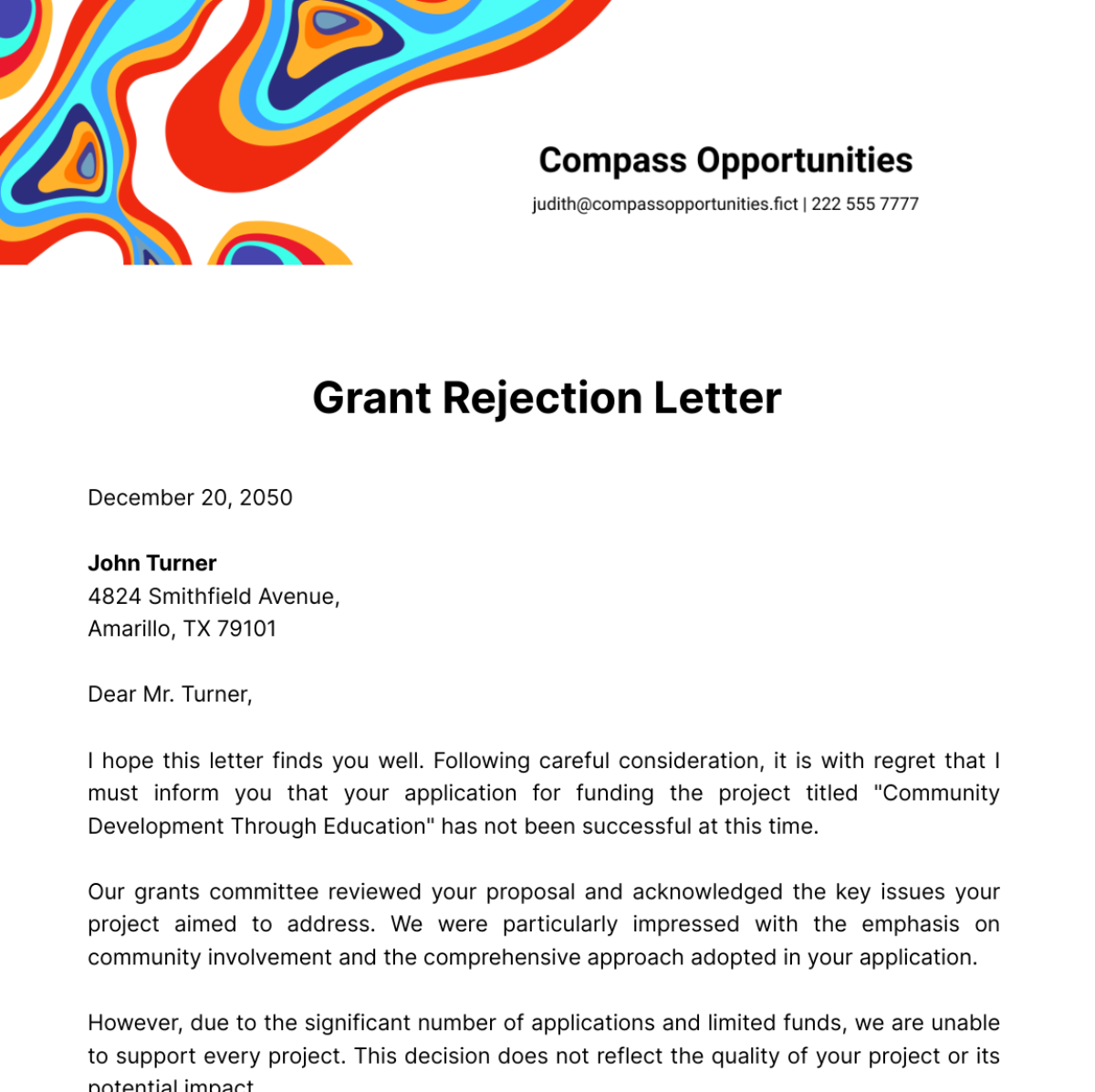 Grant Rejection Letter Template