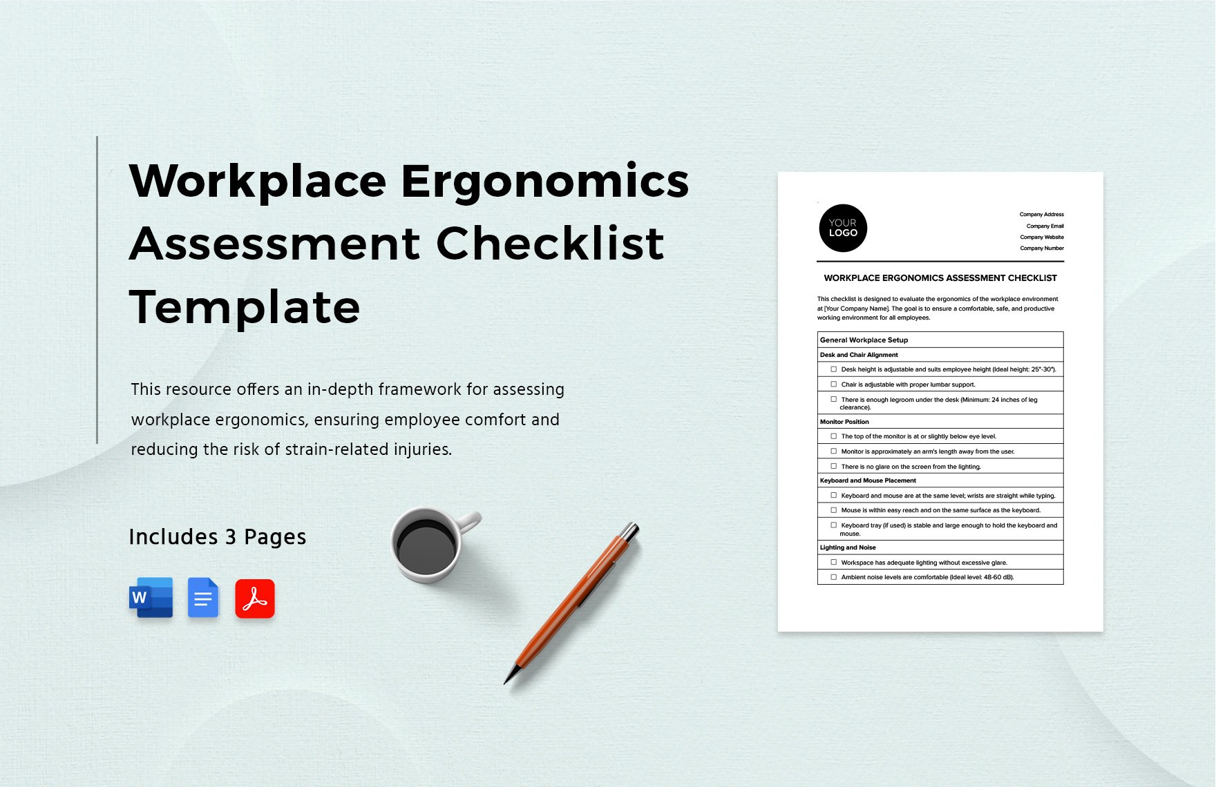Workplace Ergonomics Assessment Checklist Template in Word, Google Docs, PDF