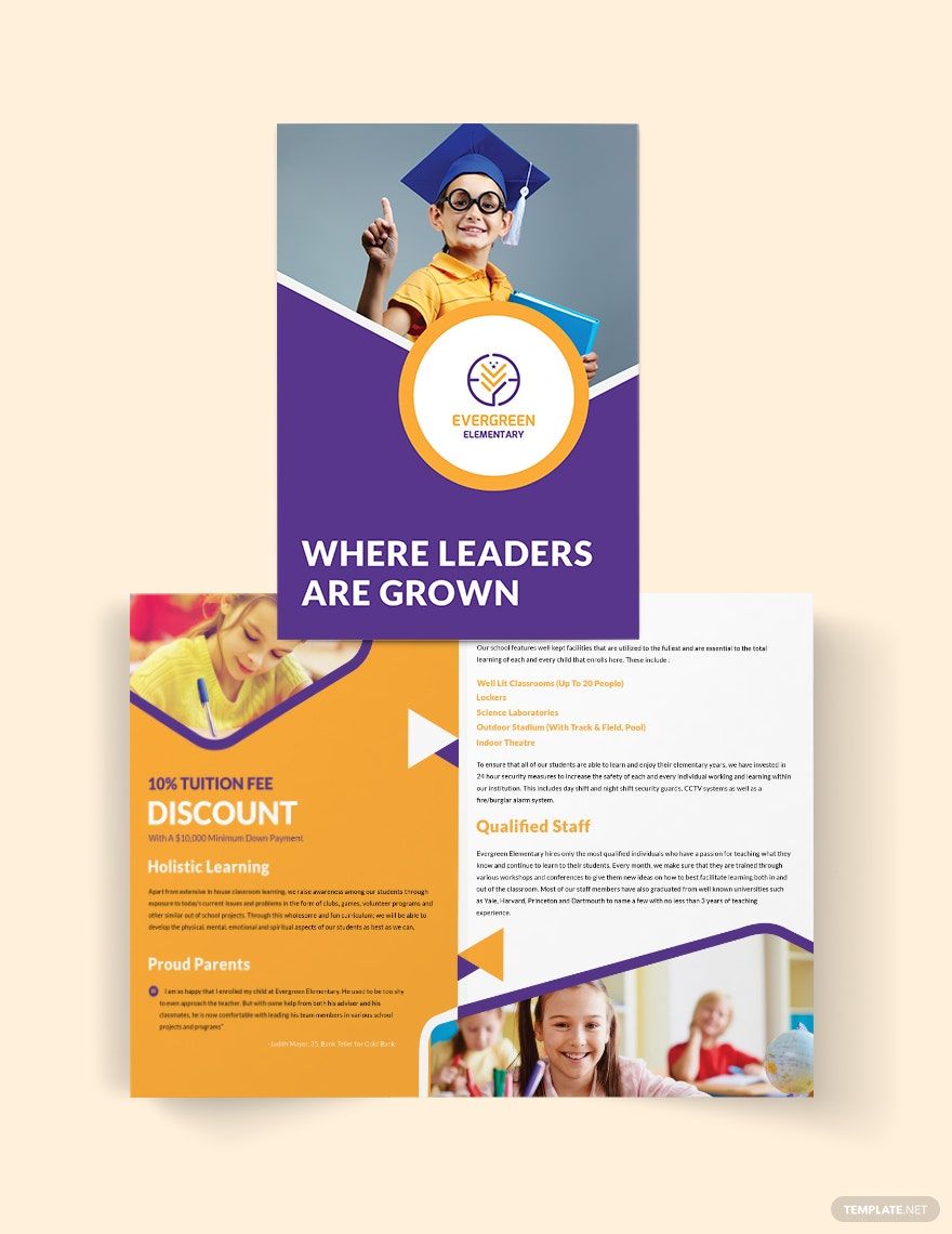 Evergreen Elementary Bi-Fold Brochure Template in Word, Google Docs, Illustrator, PSD, Apple Pages, Publisher, InDesign