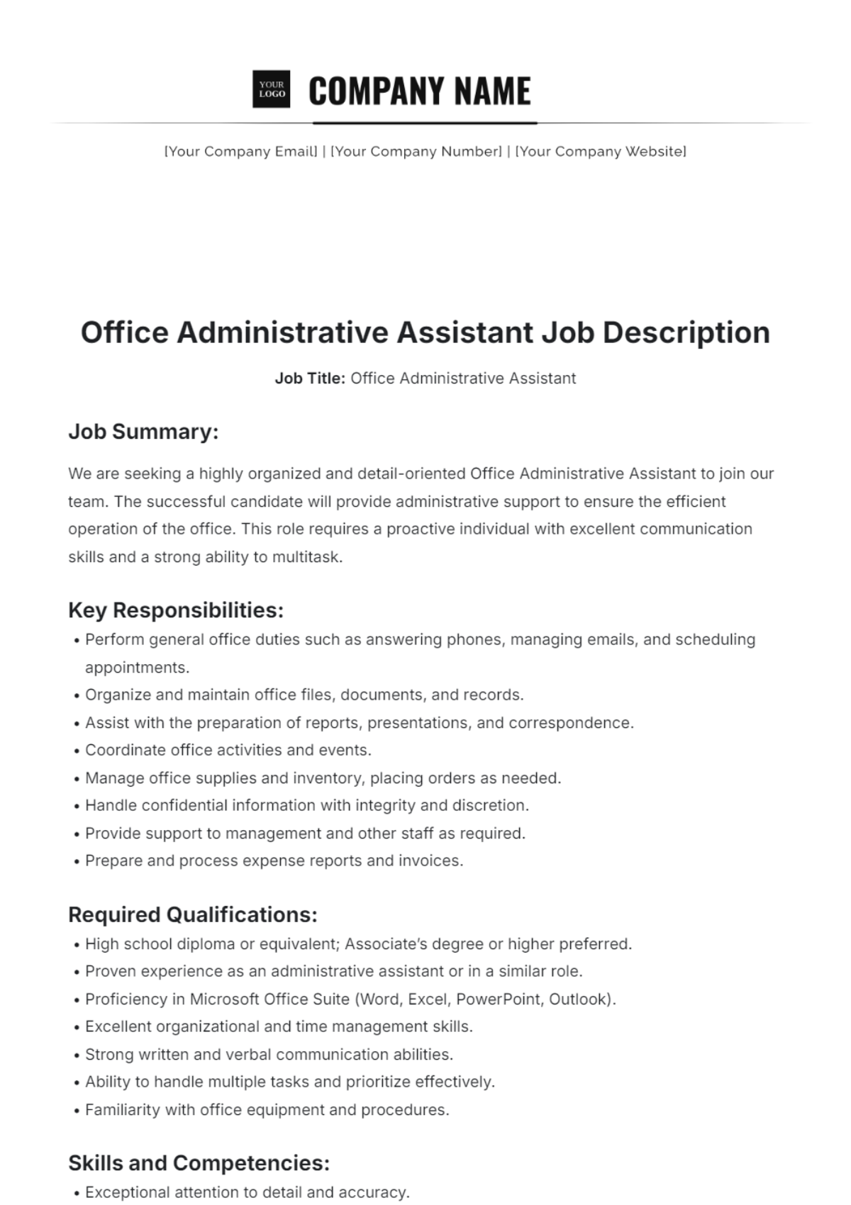 Office Administrative Assistant Job Description Template - Edit Online & Download