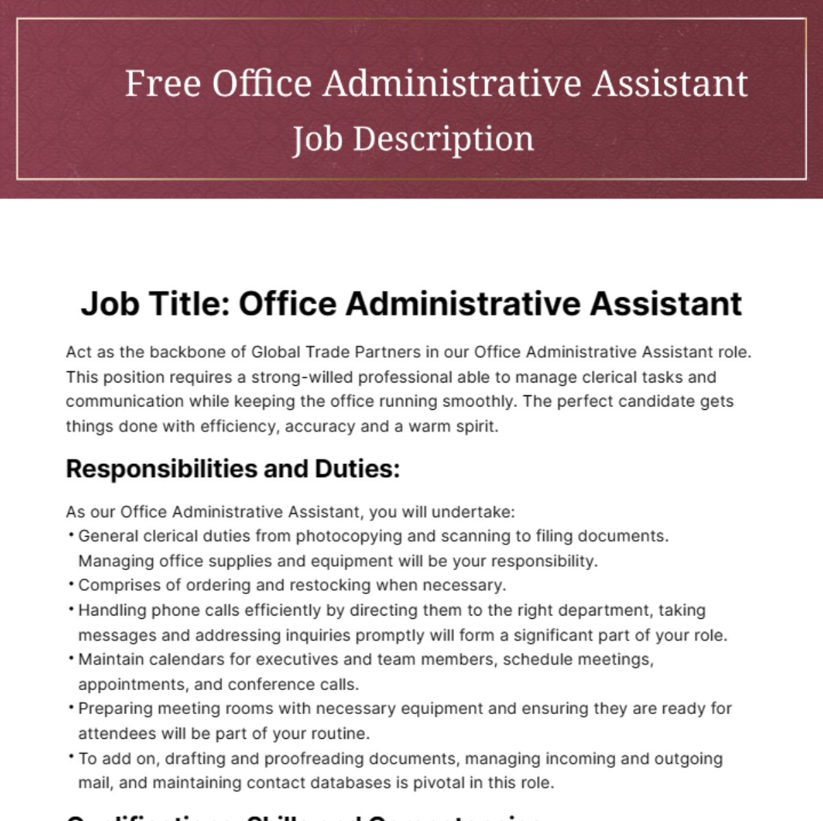 Free Office Administrative Assistant Job Description Template