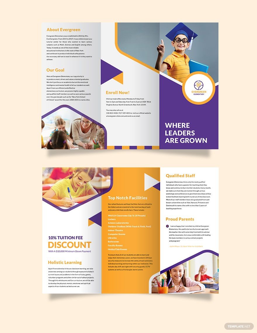 Free Evergreen Elementary Tri-Fold Brochure Template in Word, Google Docs, Illustrator, PSD, Apple Pages, Publisher, InDesign