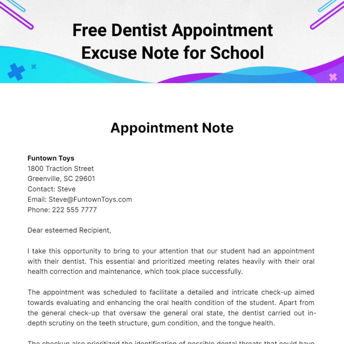 Dentist Appointment Excuse Note for School Template