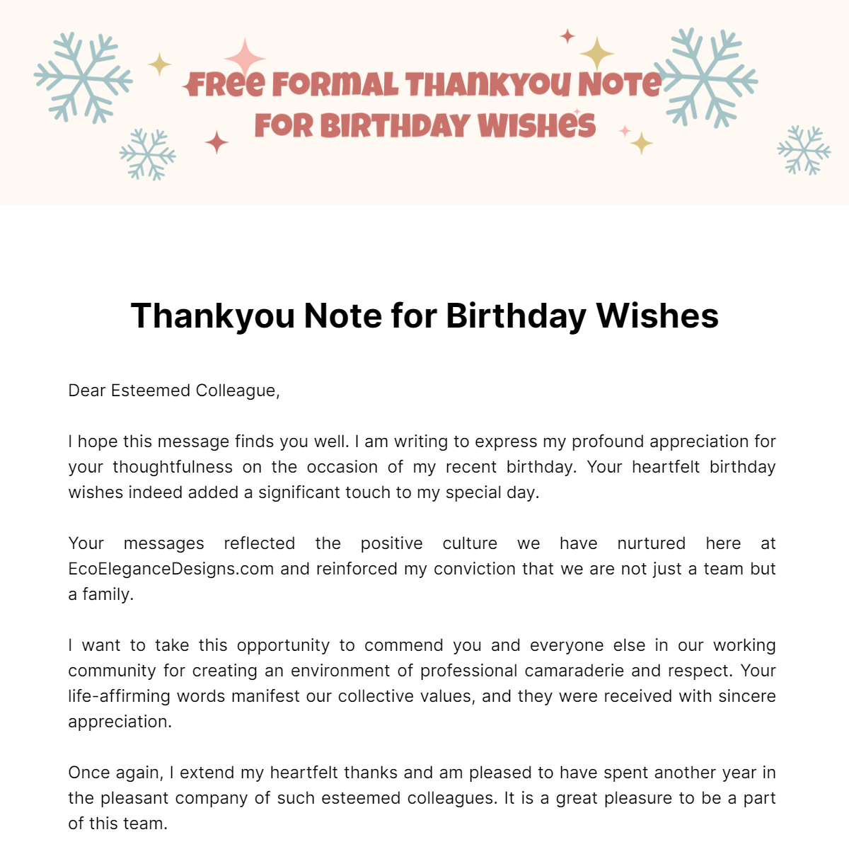 Formal Thankyou Note for Birthday Wishes Template