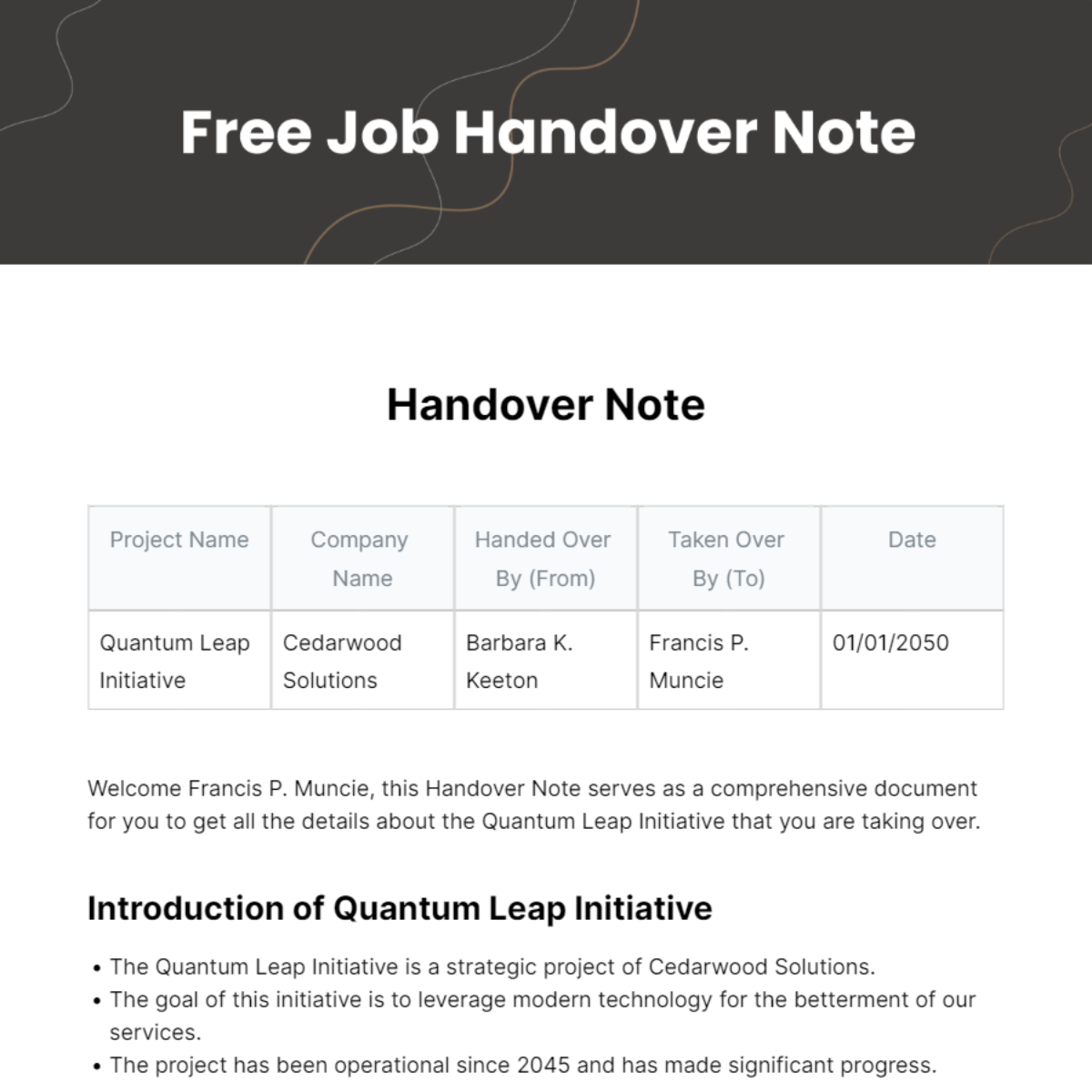 Free Job Handover Note Template