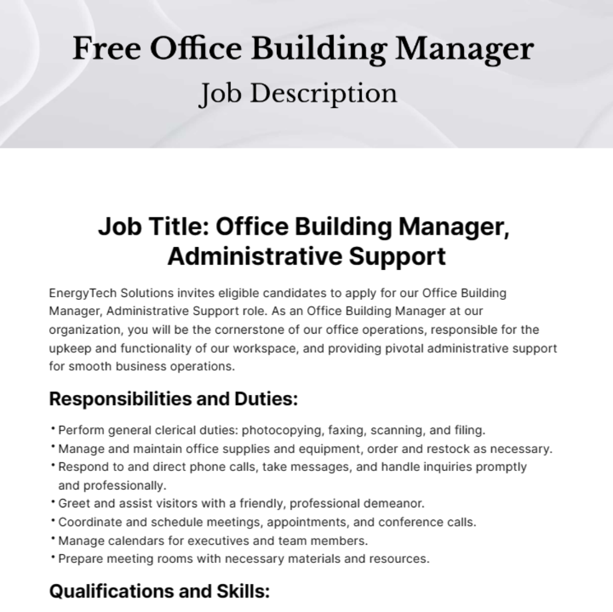 Free Office Building Manager Job Description Template