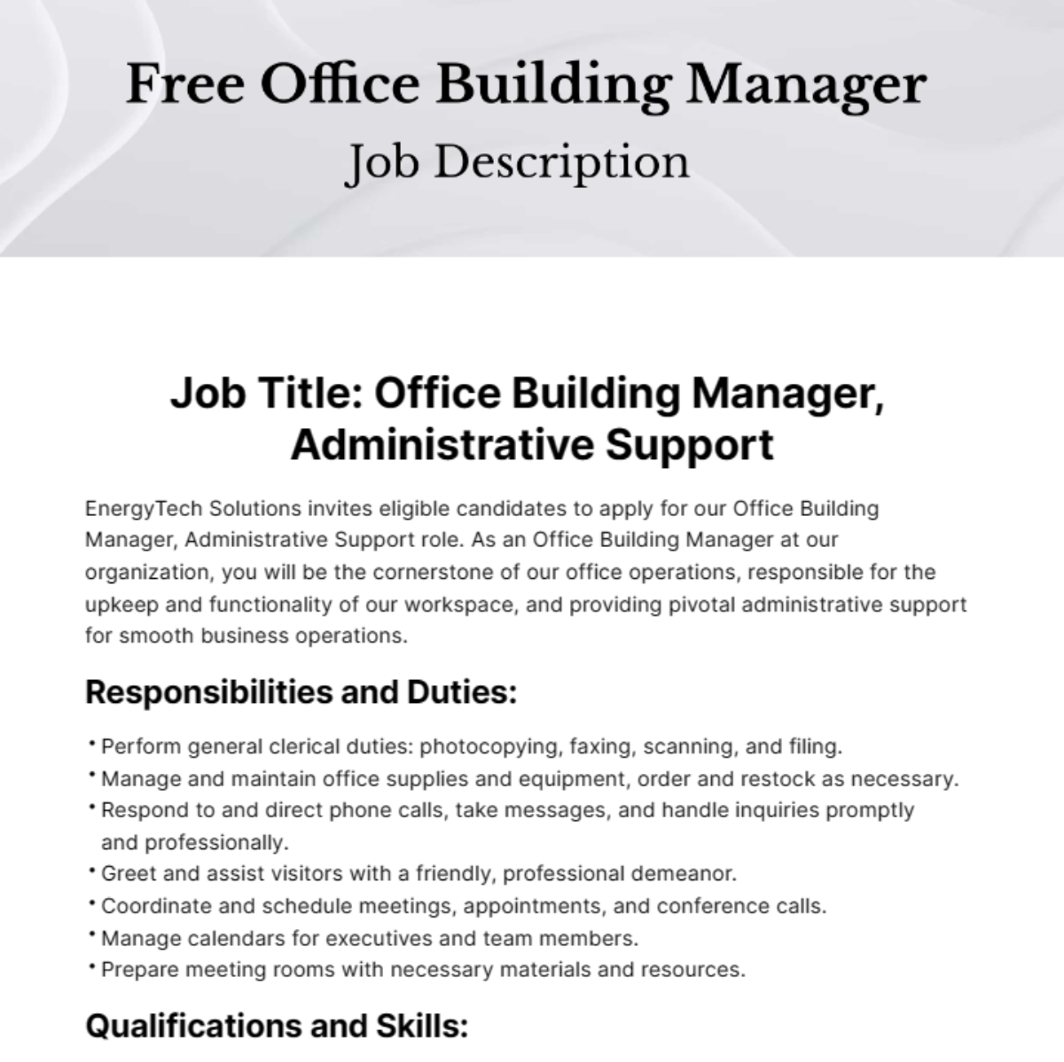 Office Building Manager Job Description Template Edit Online 