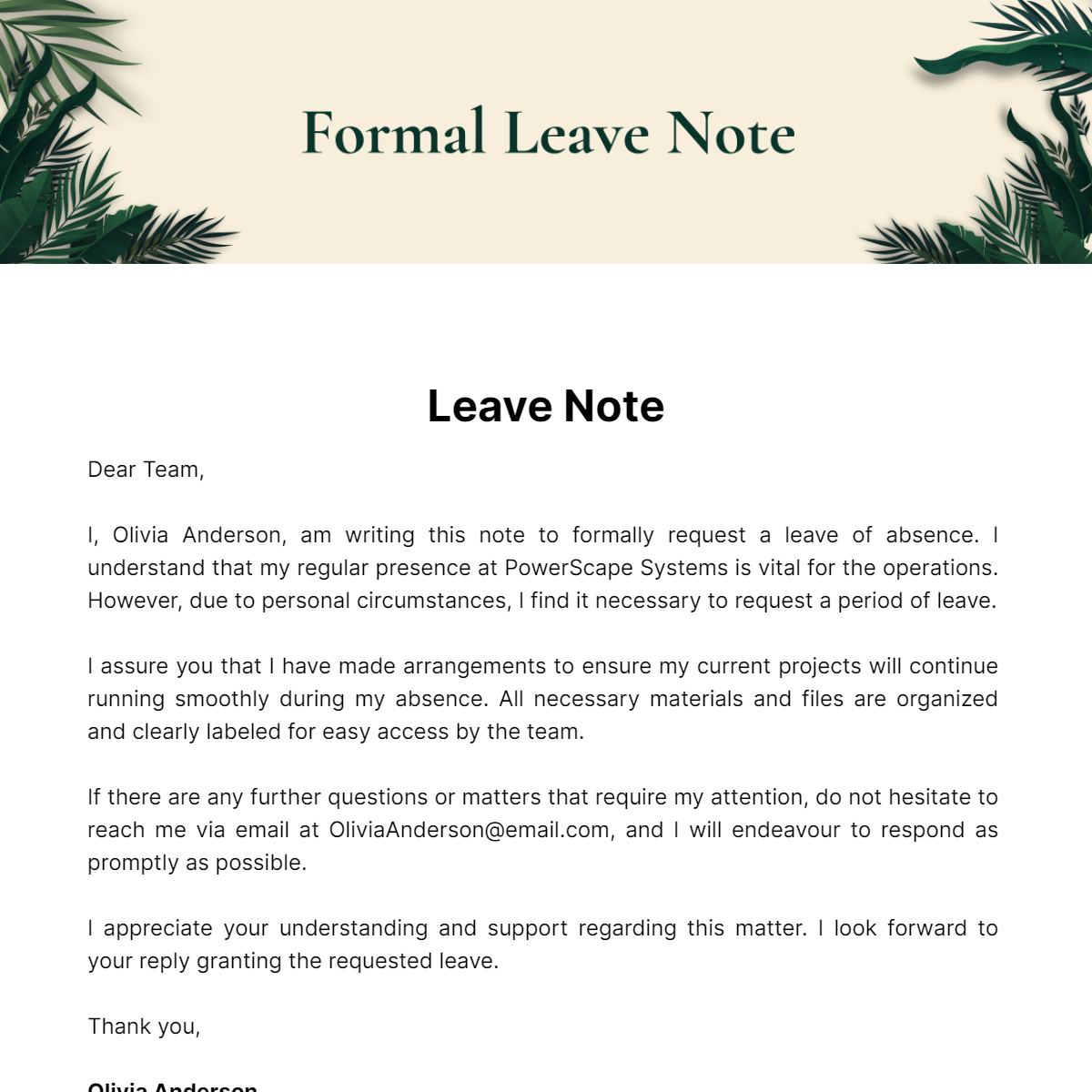 Formal Leave Note Template