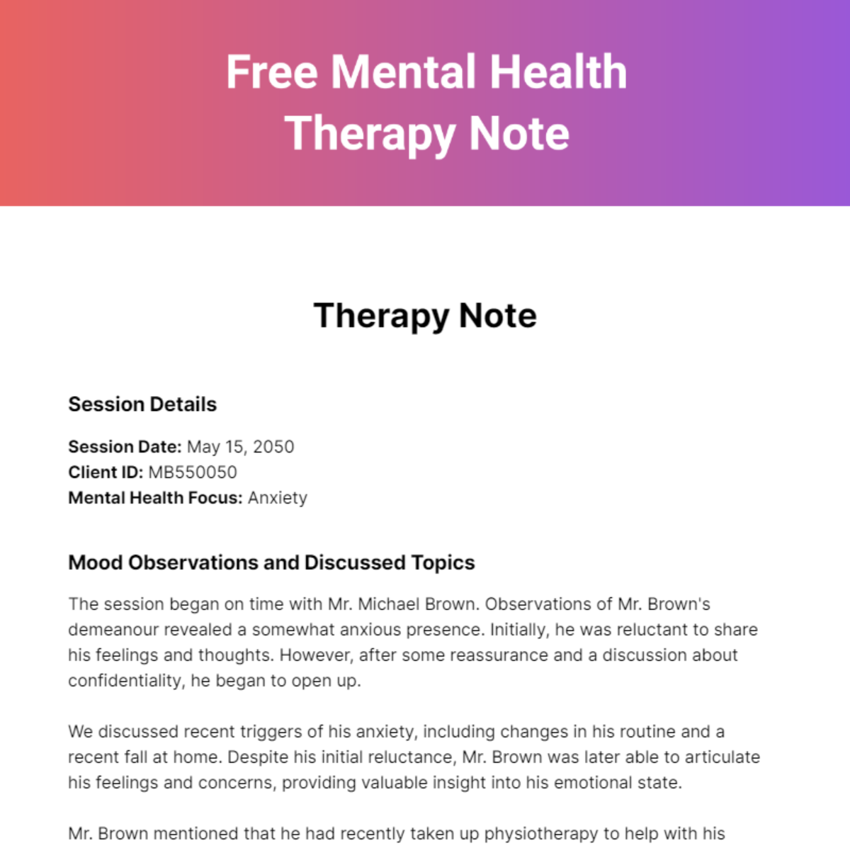 Mental Health Therapy Note Template