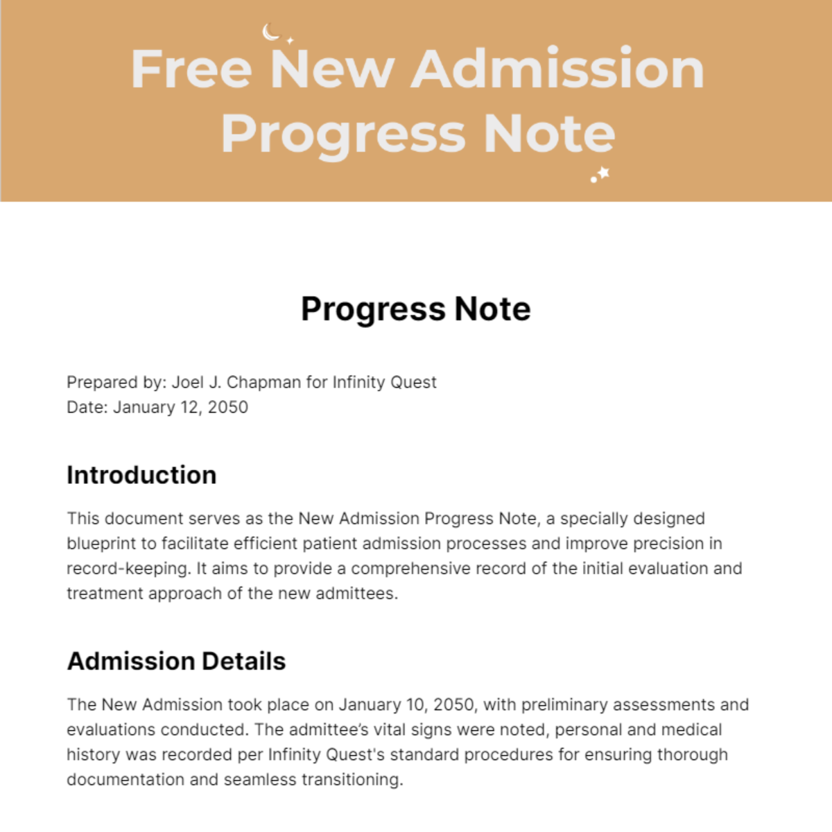 New Admission Progress Note Template