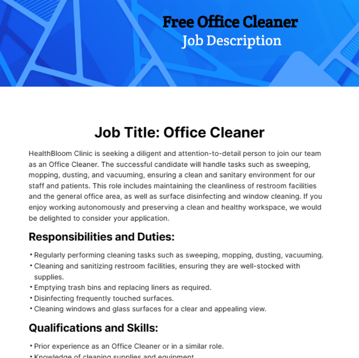 Free Office Cleaner Job Description Template