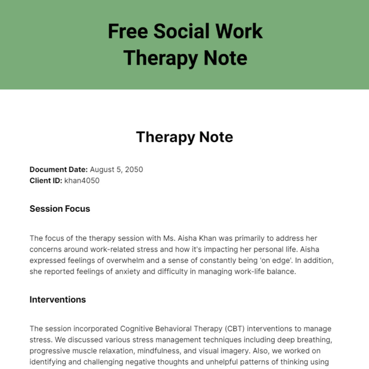Social Work Therapy Note Template