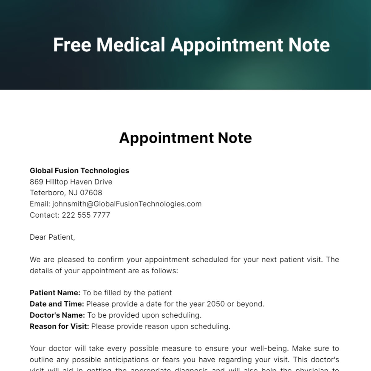 Free Medical Appointment Note Template