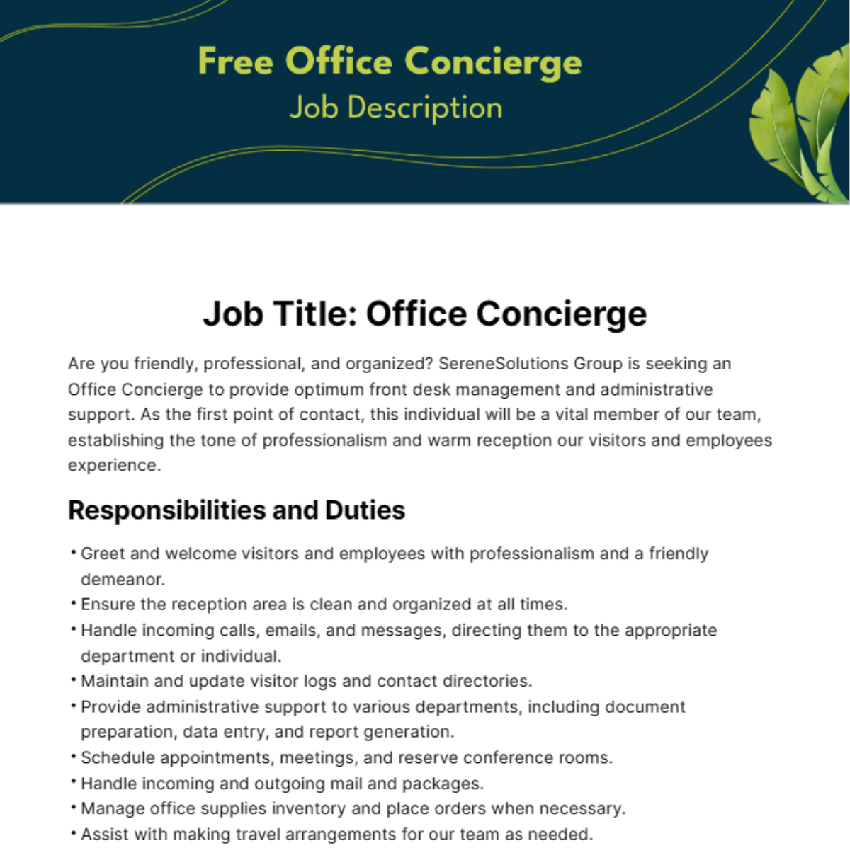 Free Office Concierge Job Description Template