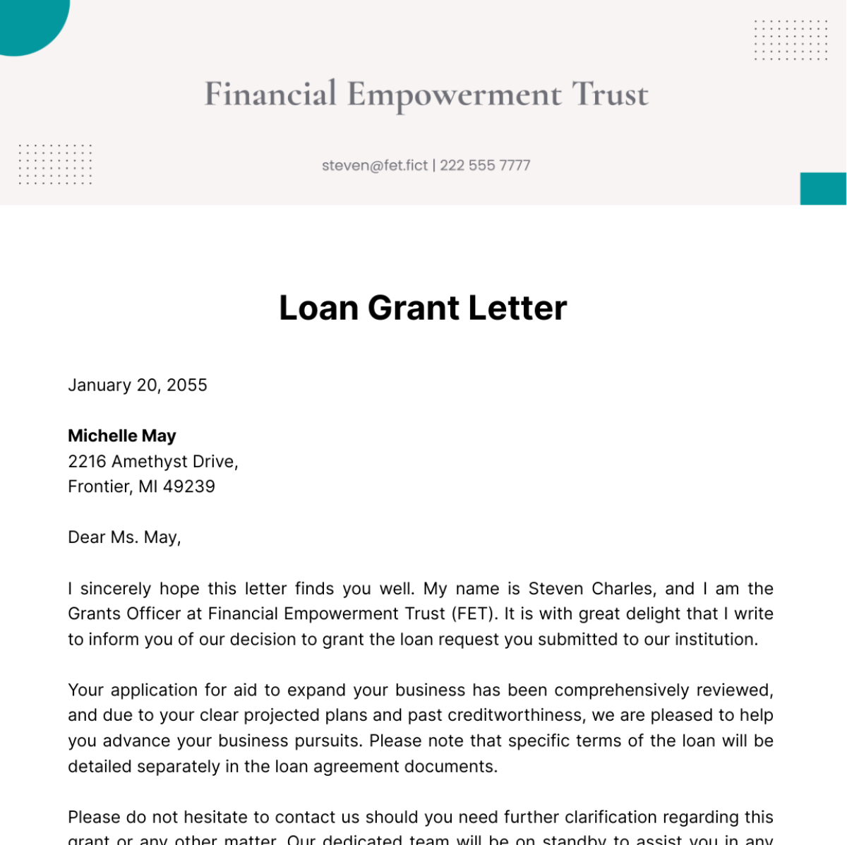 Free Loan Grant Letter Template