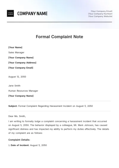 Free Formal Complaint Note Template to Edit Online