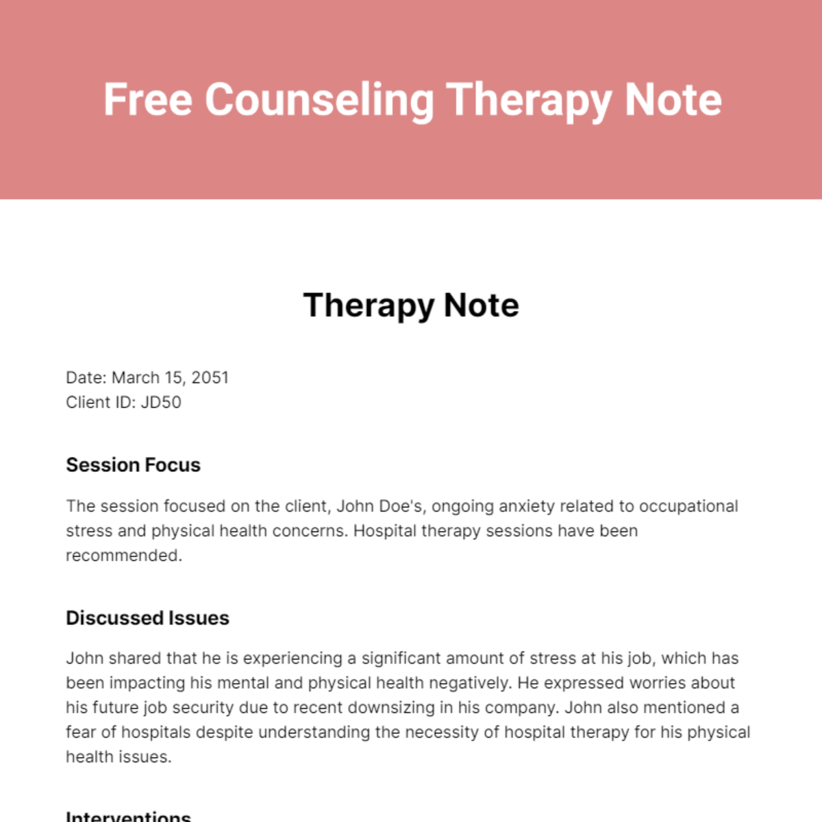 Counseling Therapy Note Template
