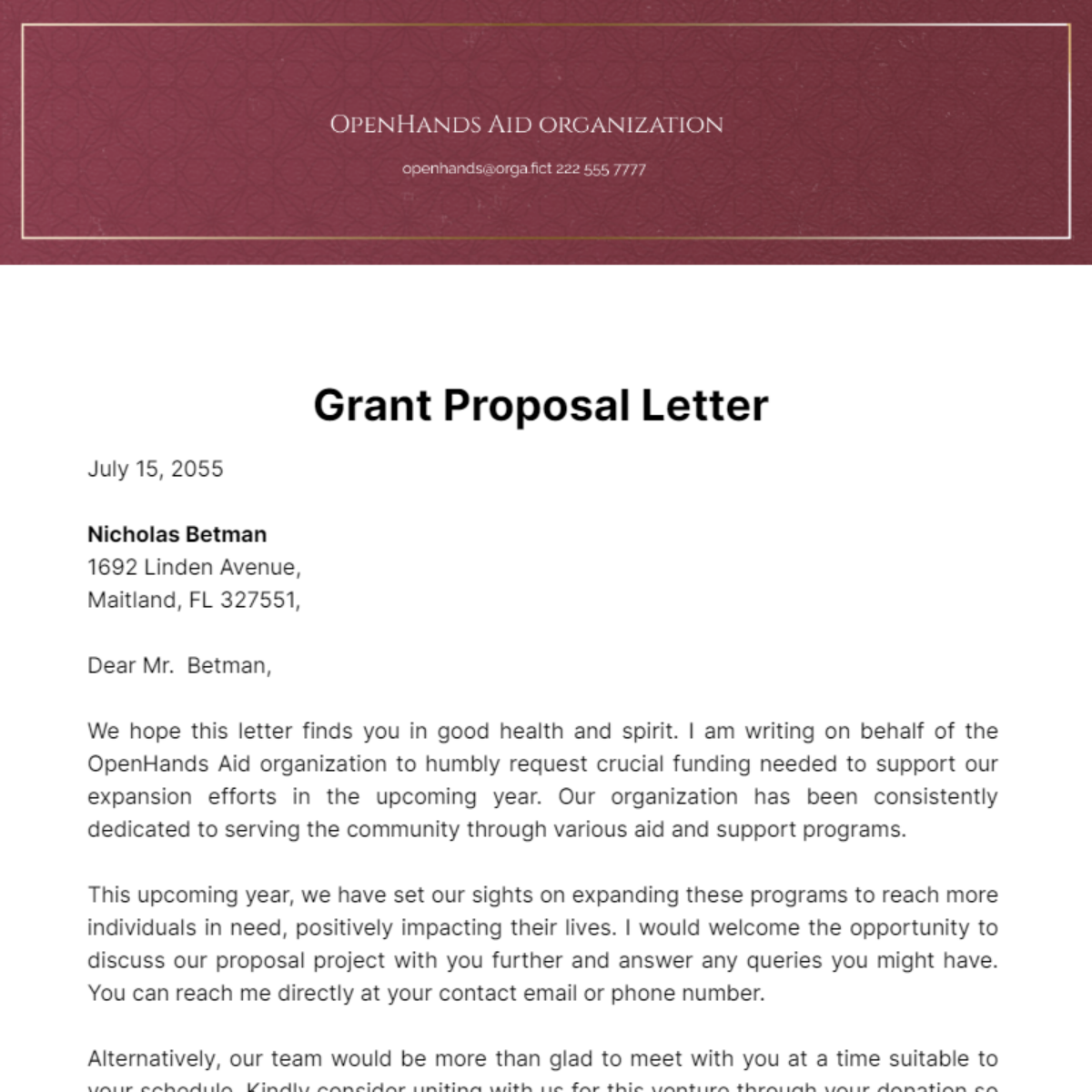 Free Grant Proposal Letter Template