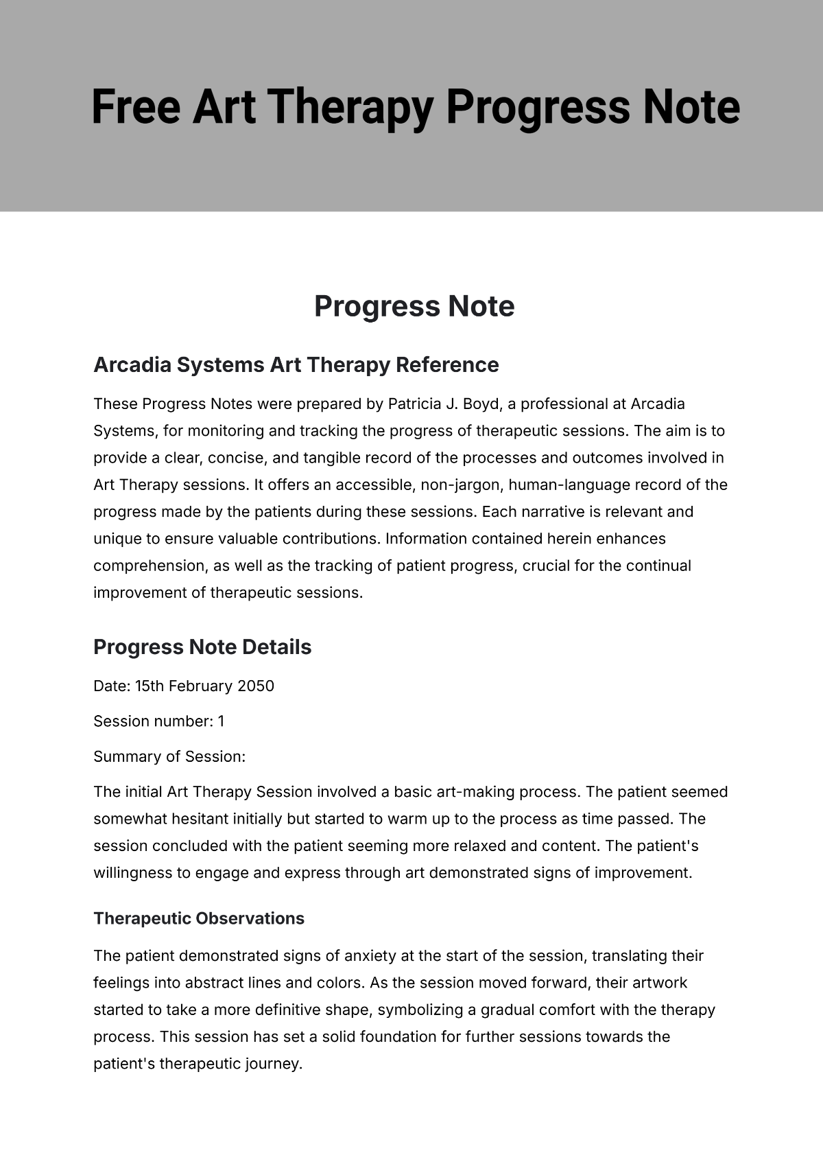 Free Art Therapy Progress Note Template to Edit Online