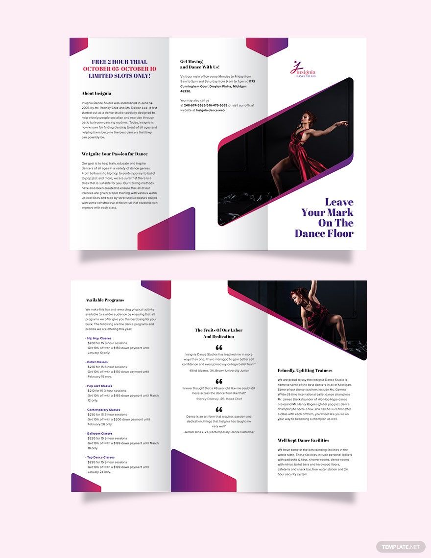 Free Insignia Dance Studio Tri-Fold Brochure Template