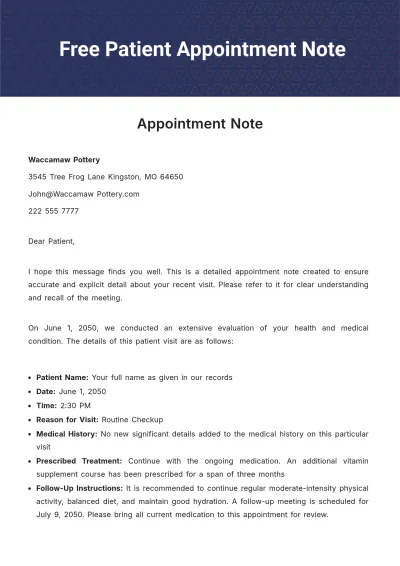 Free Patient Appointment Note Template to Edit Online