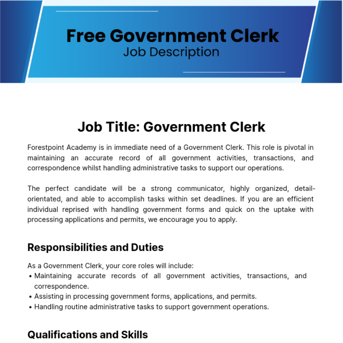 Free Government Clerk Job Description Template