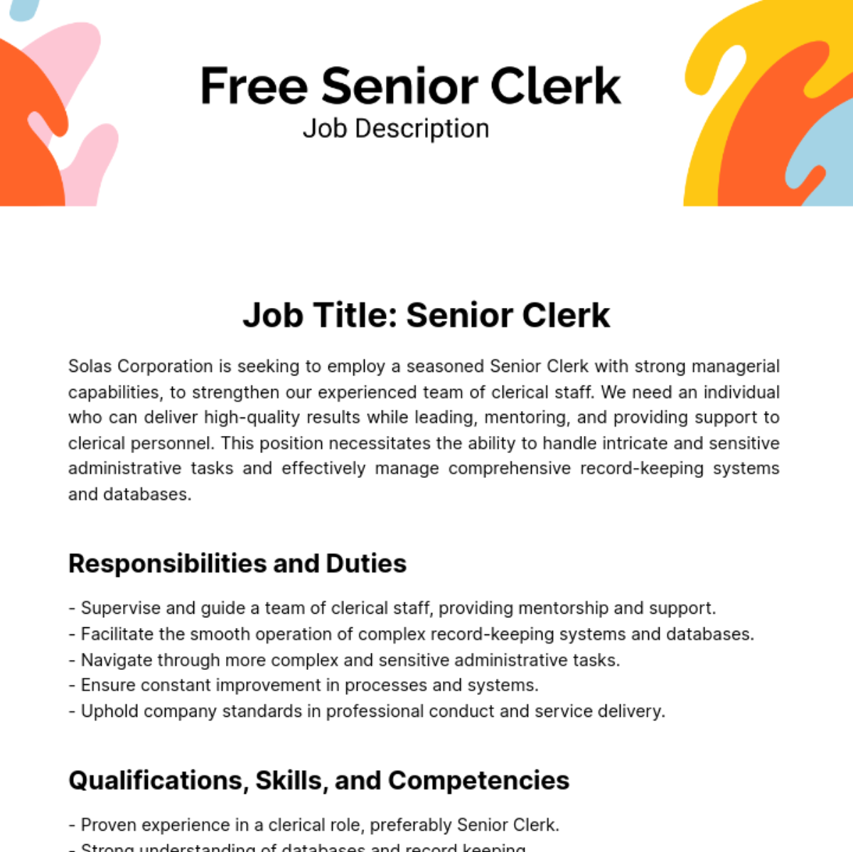 Senior Clerk Job Description Template