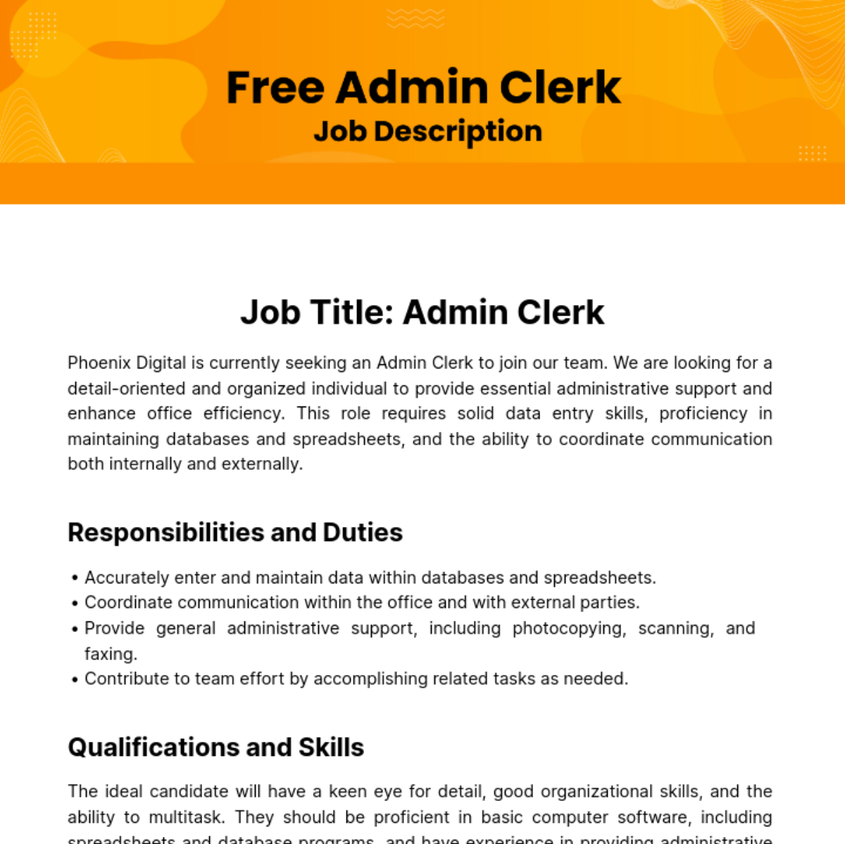 Free Admin Clerk Job Description Template