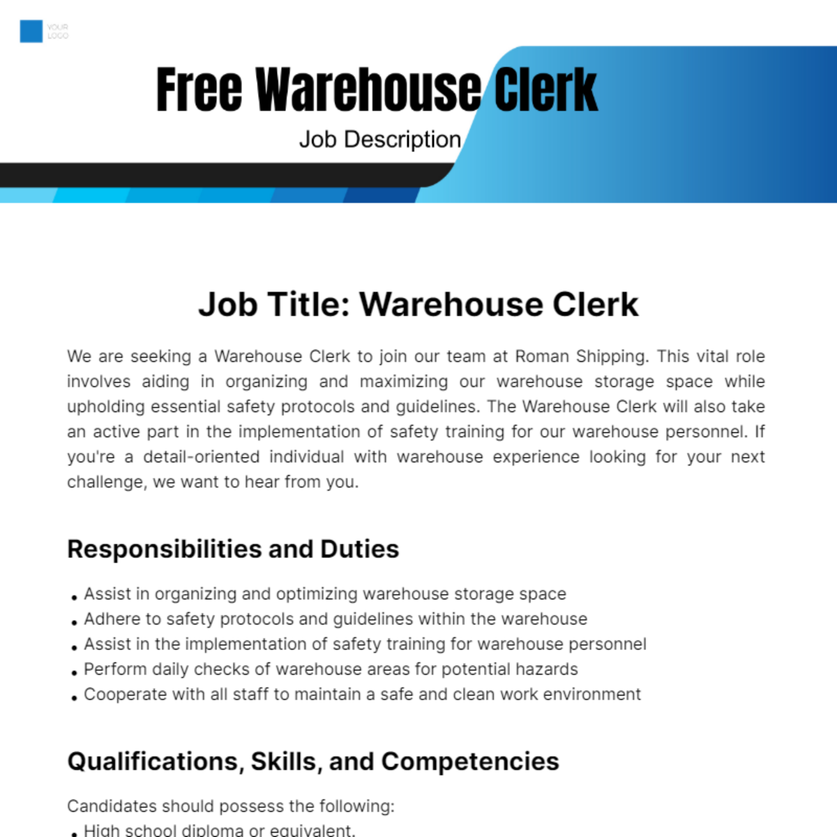 Free Warehouse Clerk Job Description Template