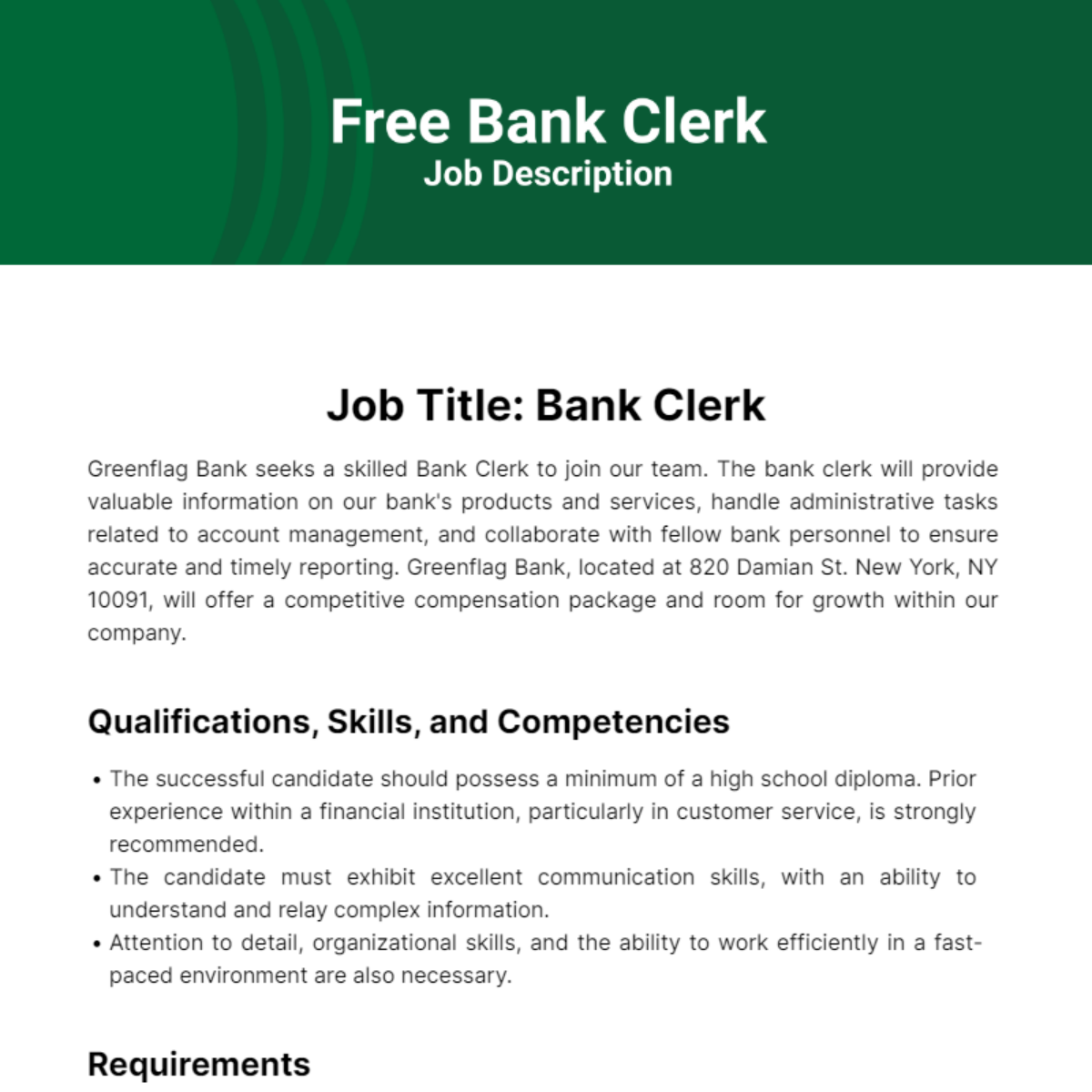 Bank Clerk Job Description Template
