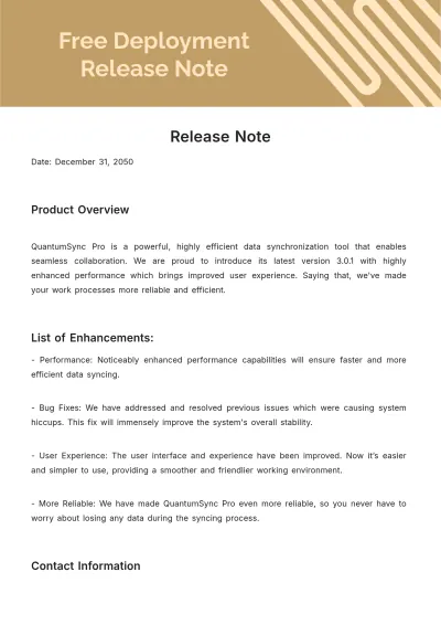 Free Deployment Release Note Template to Edit Online