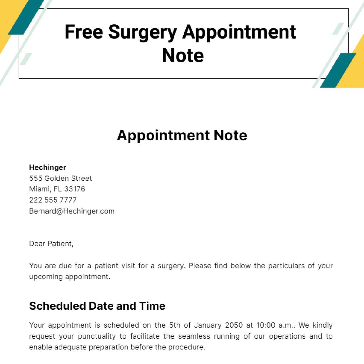 Surgery Appointment Note Template