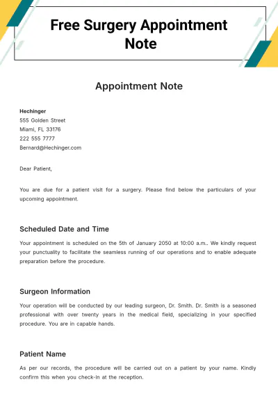 Free Surgery Appointment Note Template to Edit Online
