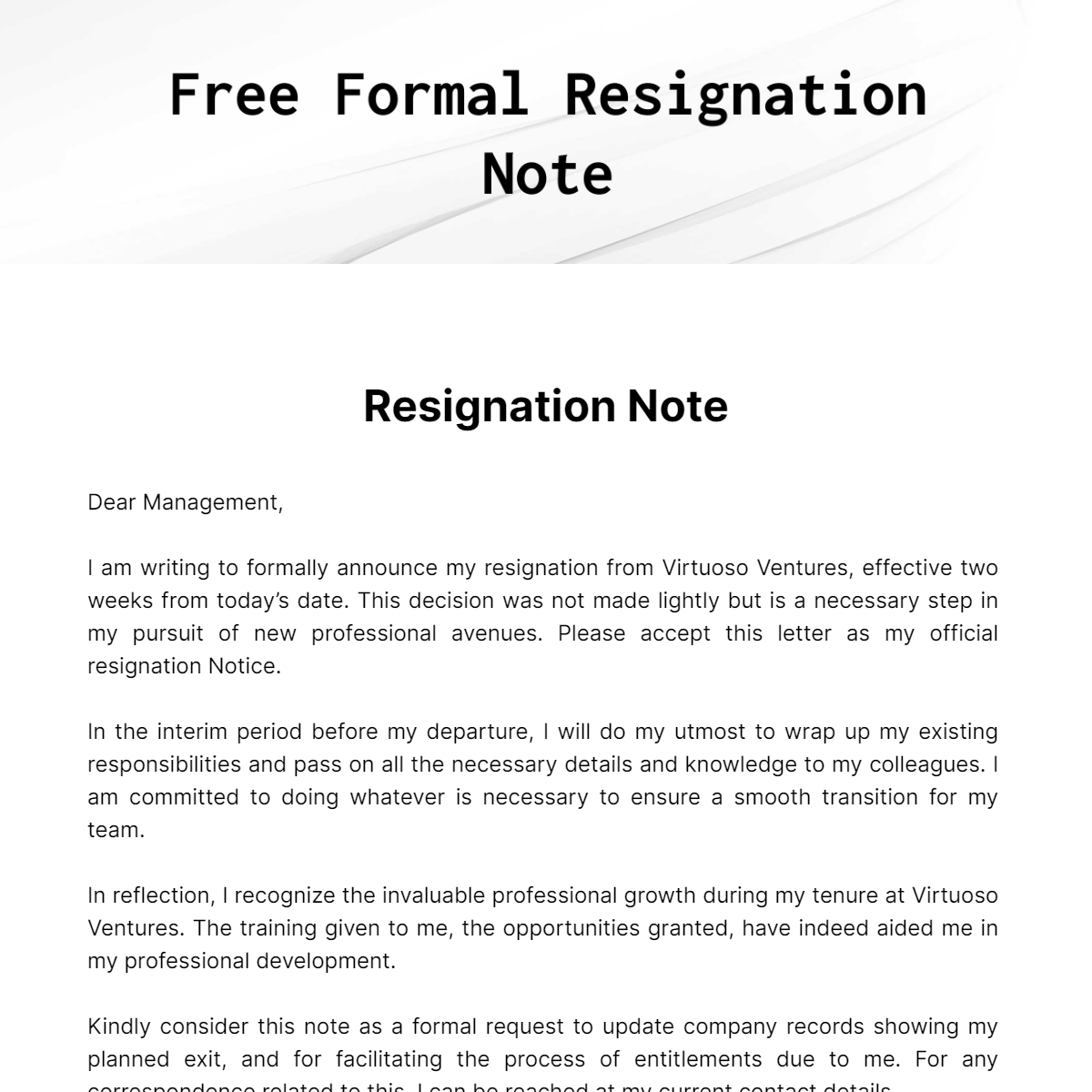 Formal Resignation Note Template