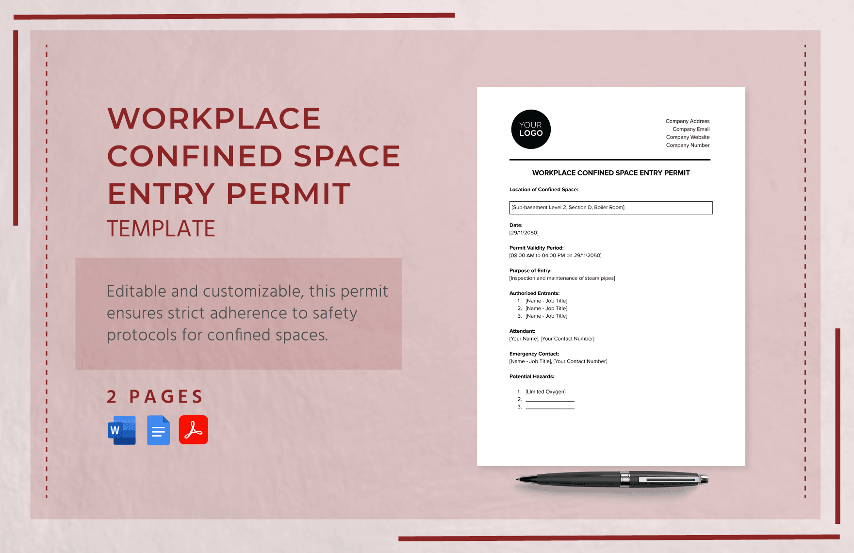Workplace Confined Space Entry Permit Template in Word, Google Docs, PDF