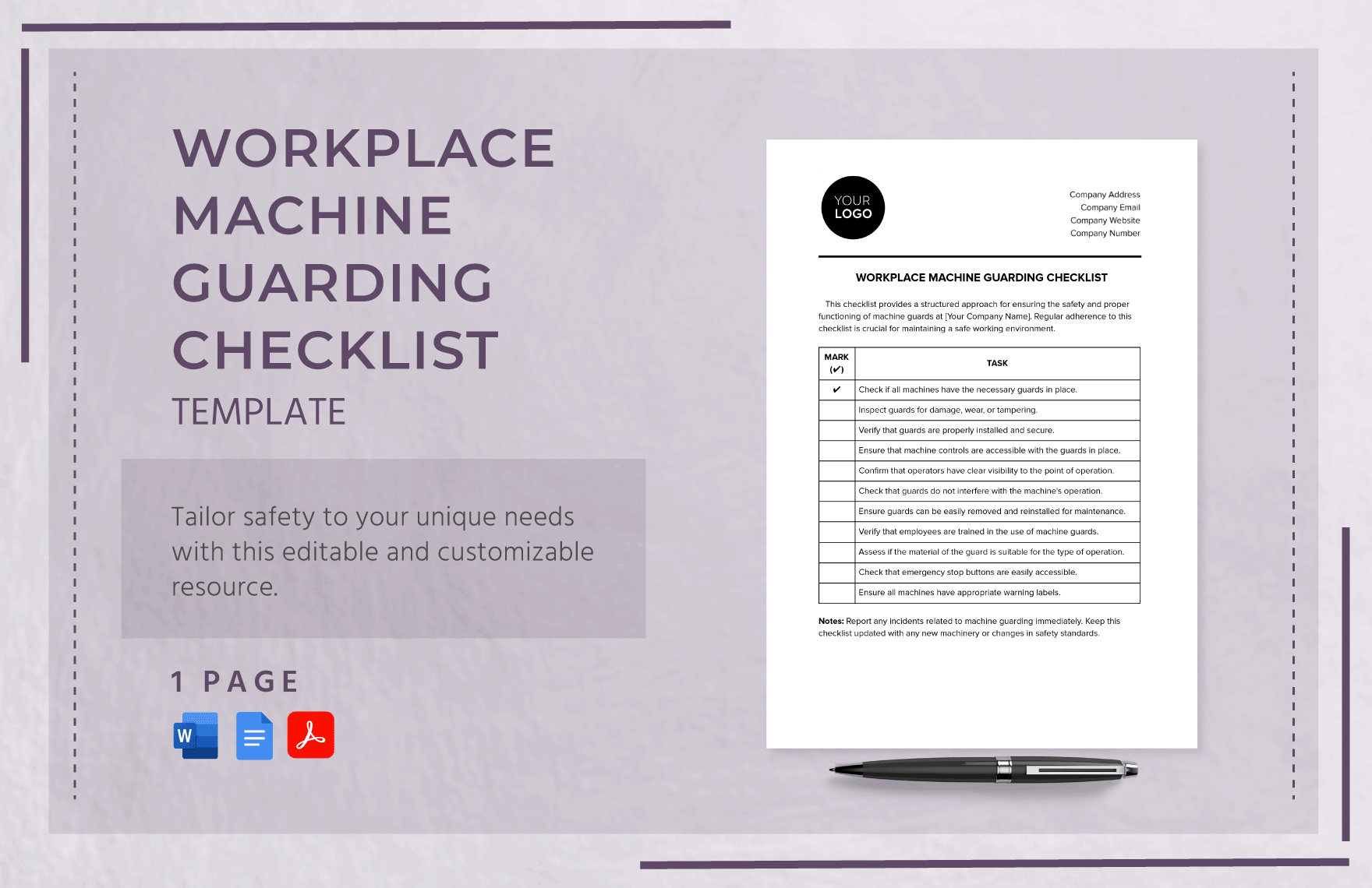 Workplace Machine Guarding Checklist Template in Word, Google Docs, PDF