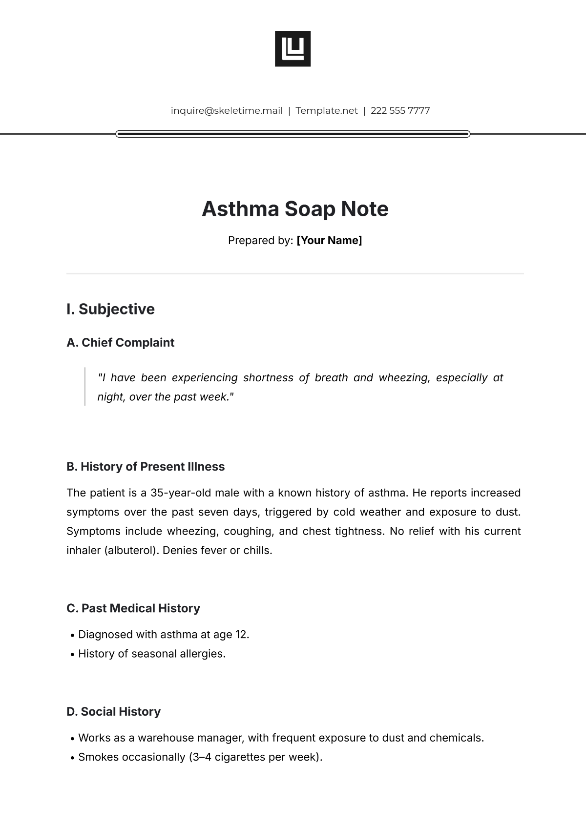 Asthma Soap Note Template - Edit Online & Download