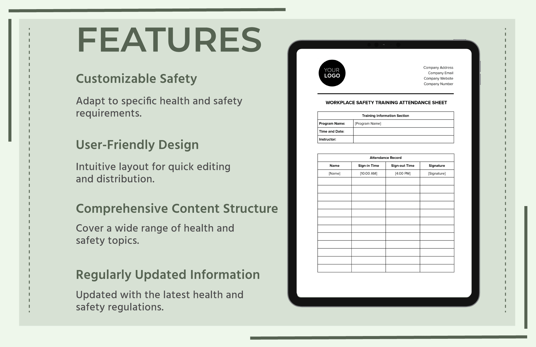 Workplace Safety Training Attendance Sheet Template