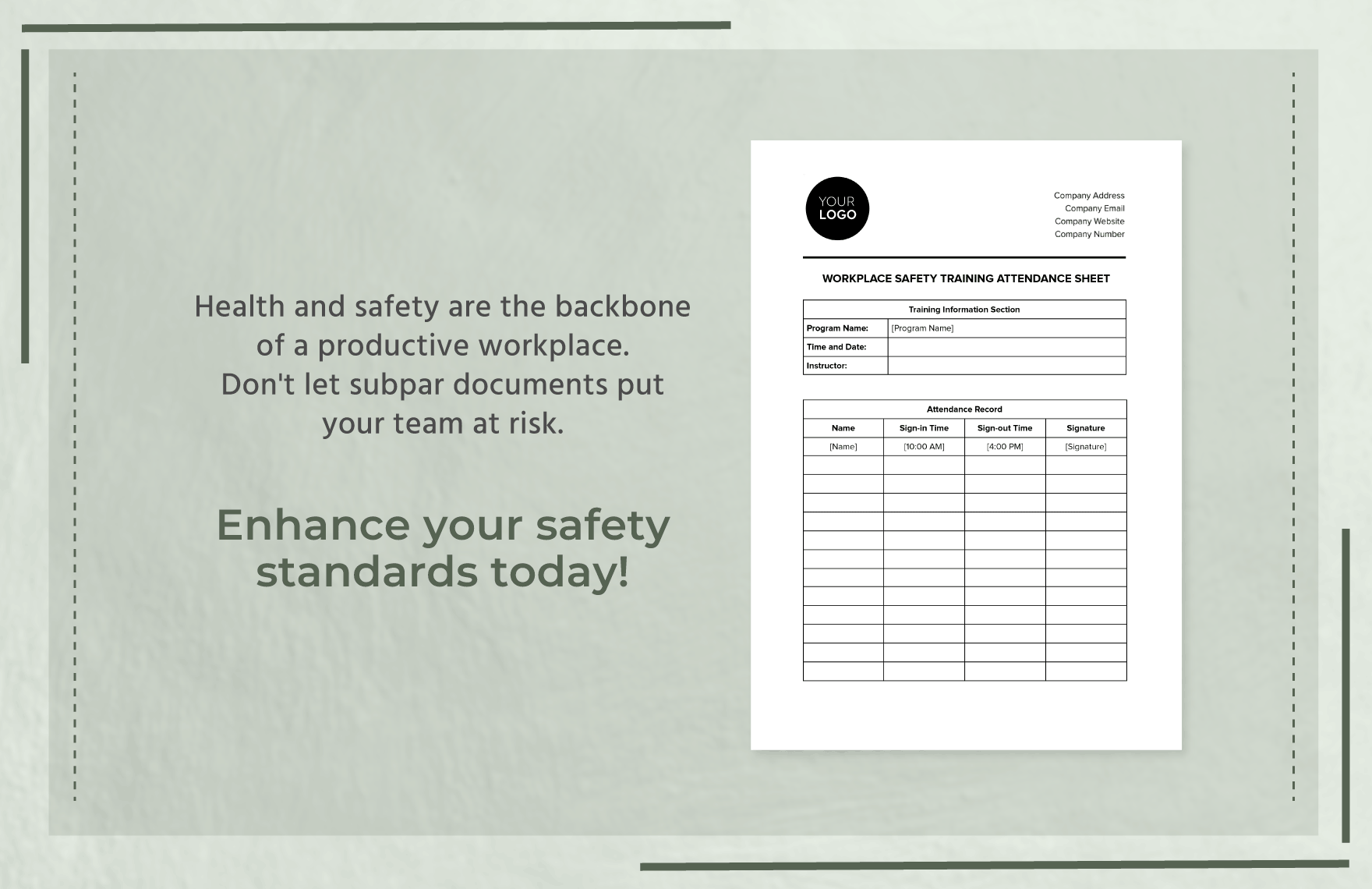 Workplace Safety Training Attendance Sheet Template