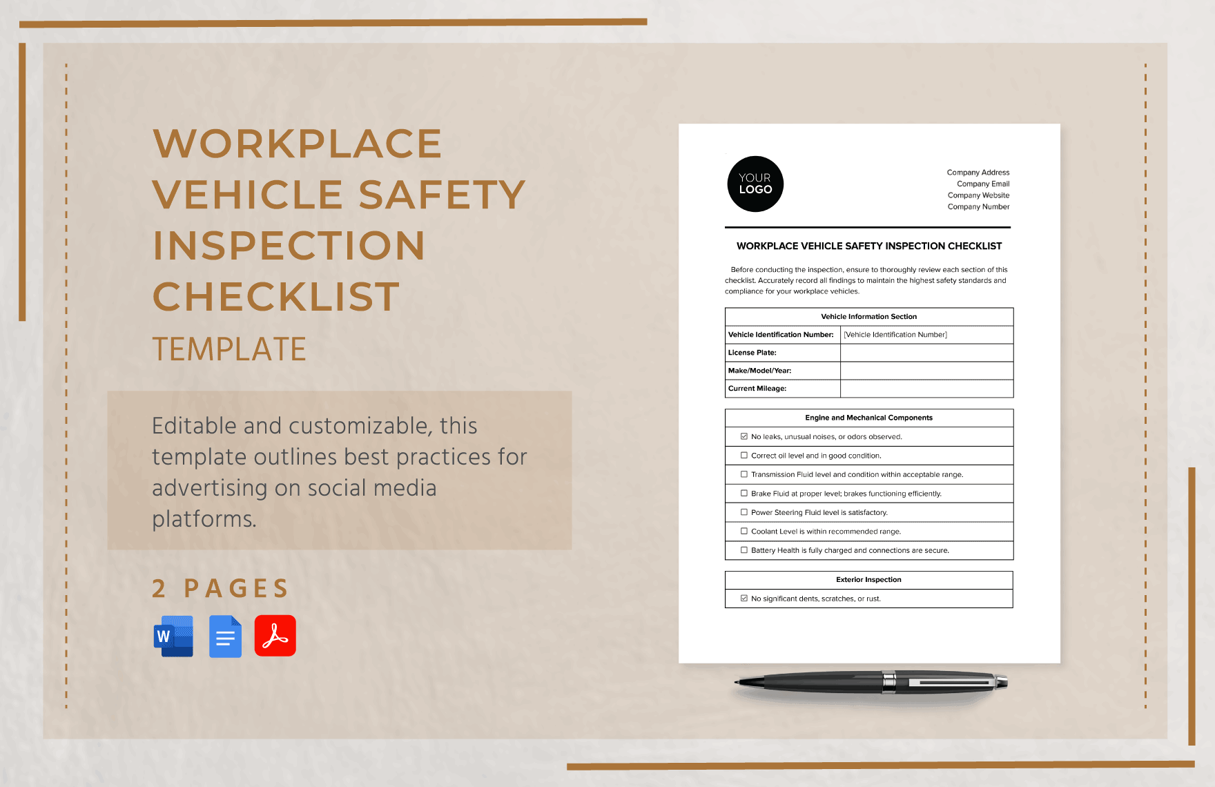 Workplace Vehicle Safety Inspection Checklist Template