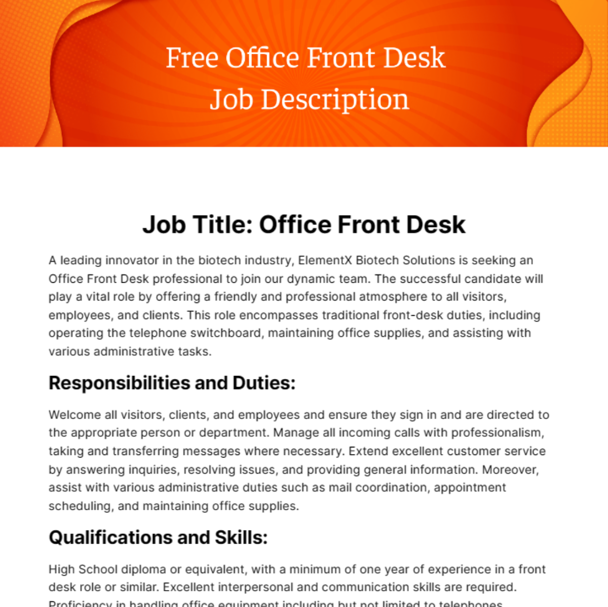 Office Front Desk Job Description Template