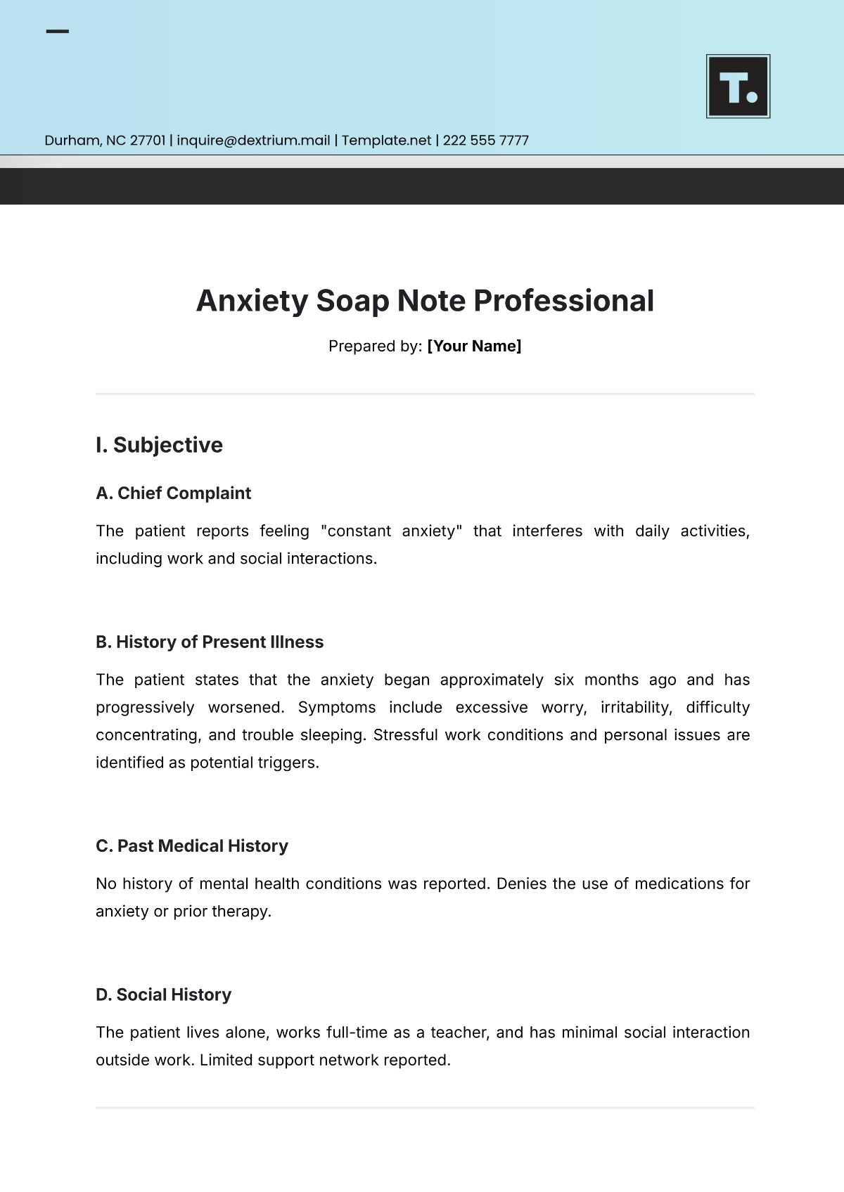 Anxiety Soap Note Professional Template - Edit Online & Download