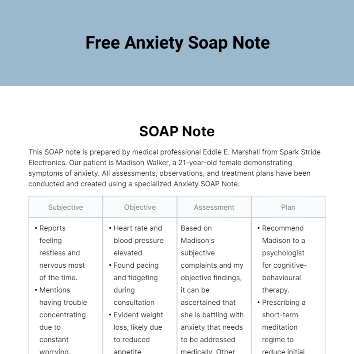 Anxiety Soap Note Template