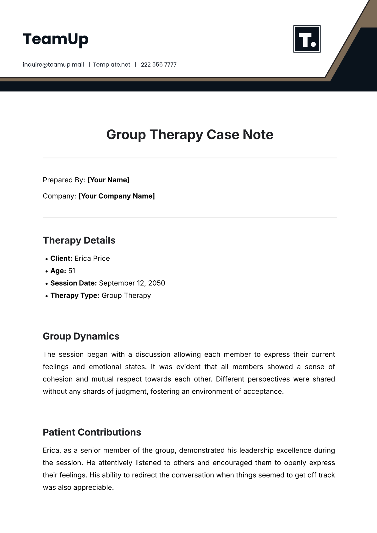 Free Group Therapy Case Note Template