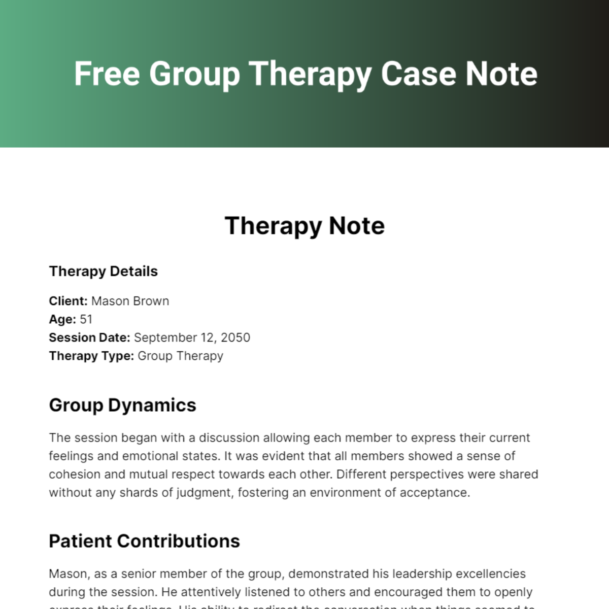 Free Group Therapy Case Note Template