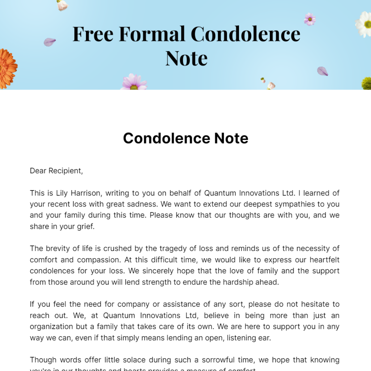 Formal Condolence Note Template