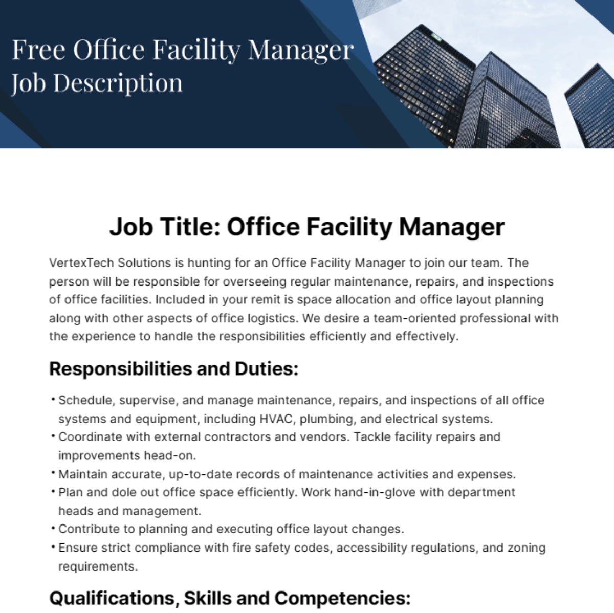 Office Facility Manager Job Description Template