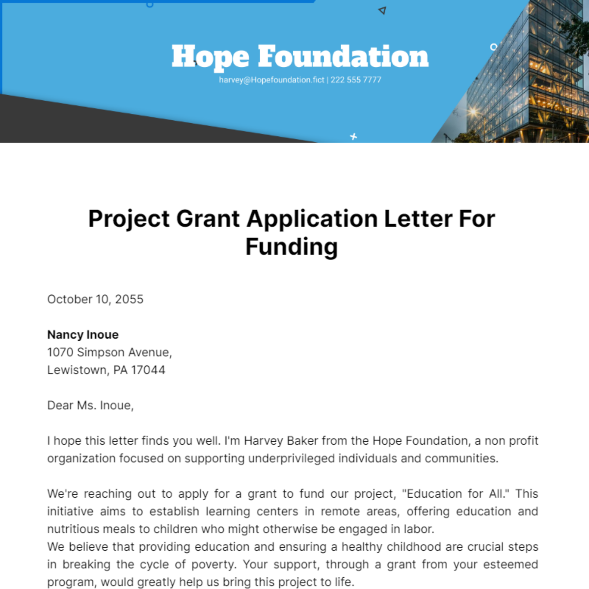 Free Project Grant Application Letter for Funding Template