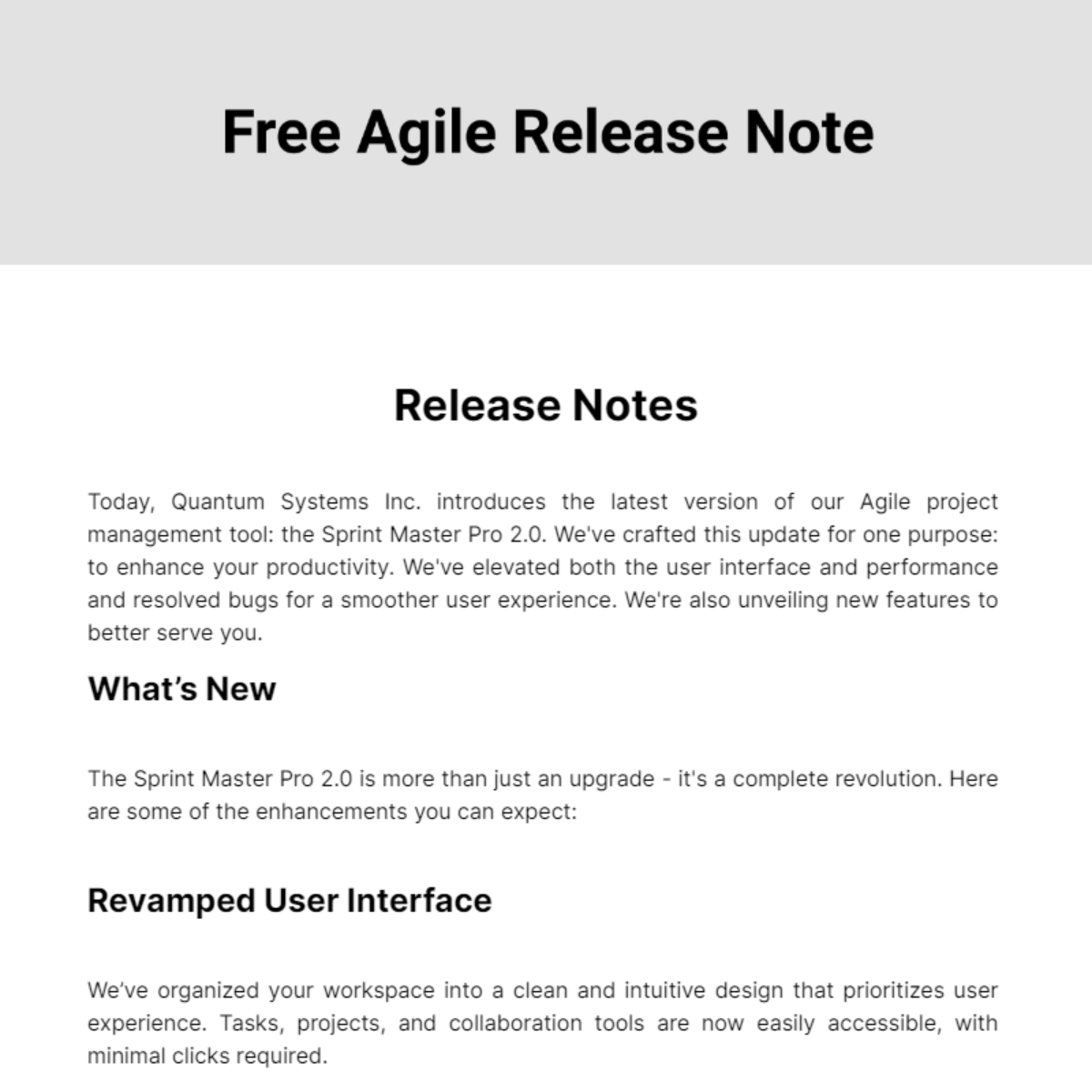 Agile Release Note Template