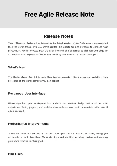 Free Agile Release Note Template to Edit Online